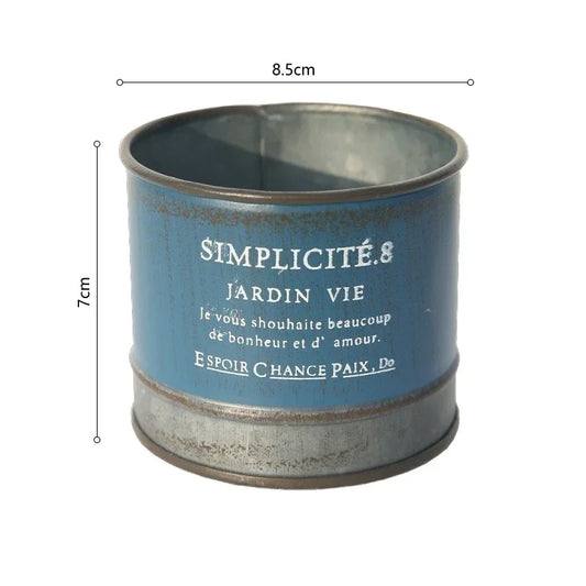 Macetero redondo pequeño tipo cubo, de metal de hierro, estilo retro en colores amarillo y azul, jarrón para plantas ideal para decoración del hogar, jardín o patio